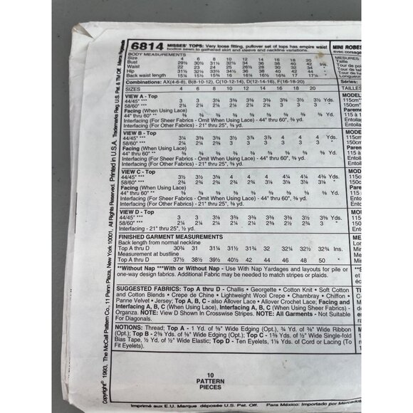 90s Easy McCalls 6814 Sewing Pattern Babydoll Tops Size 10-12-14 Fashion UNCUT - Picture 4 of 6